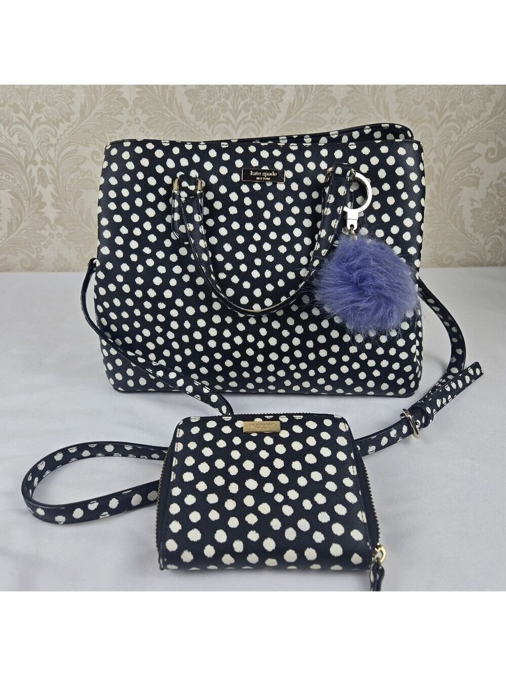 Kate Spade Laurel Way Satchel Bag Black White Polka Dots Matching Zip Wallet